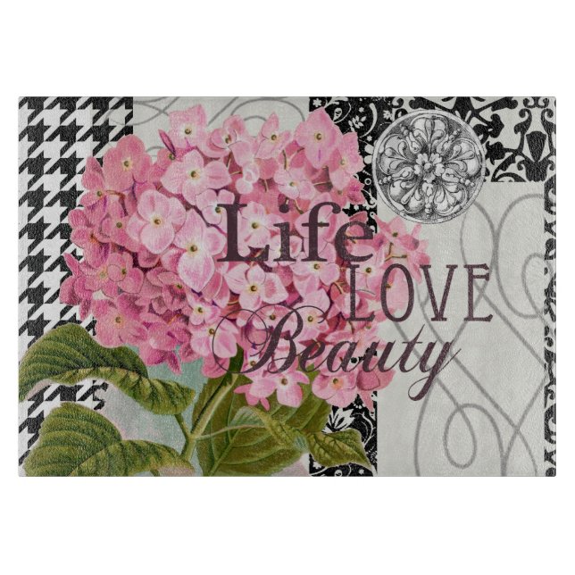 Chic Rosa Hydrangea Kollaas Vintage Damask Konst (Framsidan)