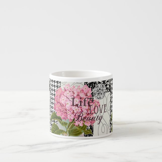 Chic Rosa Hydrangea Kollaas Vintage Damask Konst Espressomugg (Framsidan)