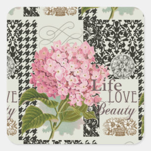 Chic Rosa Hydrangea Kollaas Vintage Damask Konst Fyrkantigt Klistermärke