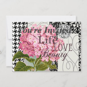 Chic Rosa Hydrangea Kollaas Vintage Damask Konst Inbjudningar
