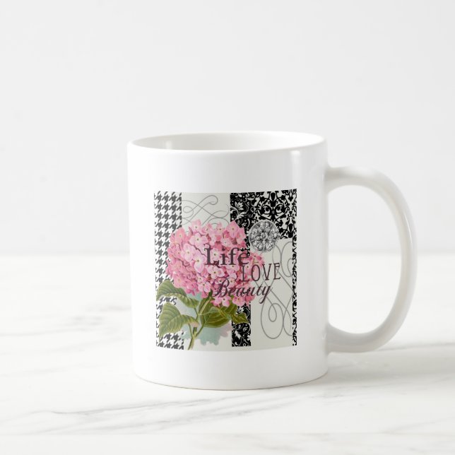 Chic Rosa Hydrangea Kollaas Vintage Damask Konst Kaffemugg (Höger)