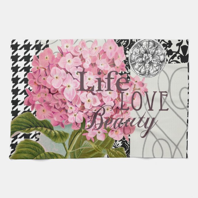 Chic Rosa Hydrangea Kollaas Vintage Damask Konst Kökshandduk (Horisontell)