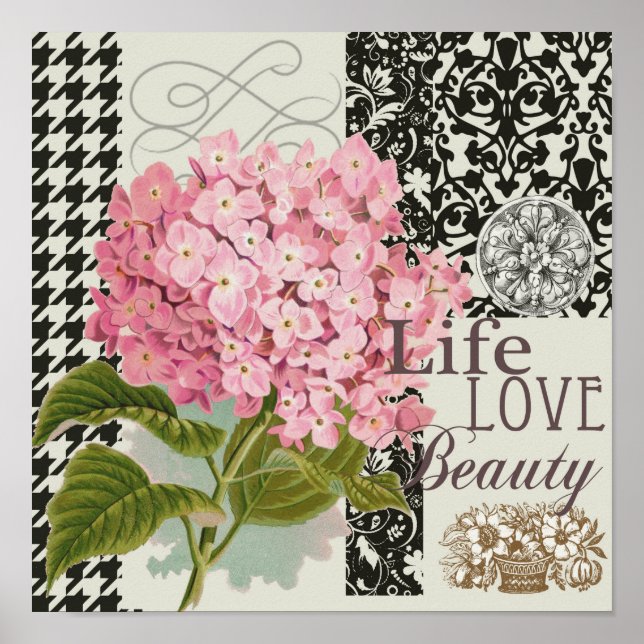 Chic Rosa Hydrangea Kollaas Vintage Damask Konst Poster (Framsidan)