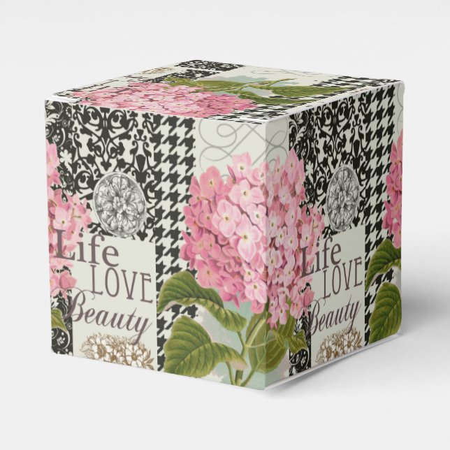 Chic Rosa Hydrangea Kollaas Vintage Damask Konst Presentaskar (Framsidan Sidan)