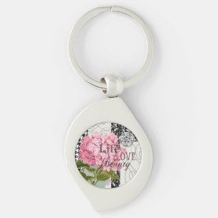 Chic Rosa Hydrangea Kollaas Vintage Damask Konst Swirl Silverfärgad Nyckelring