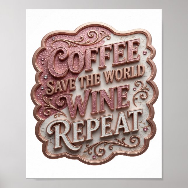 Chic Rosa KAFFE RÄDDA VÄRLDEN VIN UPPREPA Poster (Framsidan)