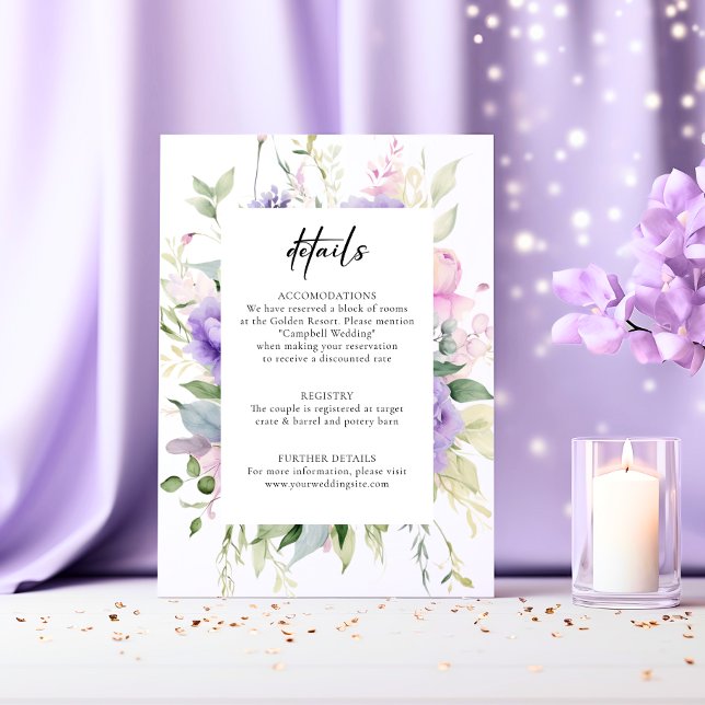 Chic  Rosa Lavender Peonies DETAILS Bröllop Tilläggskort (Chic Blush Pink Lavender Peonies DETAILS Wedding Enclosure Card)