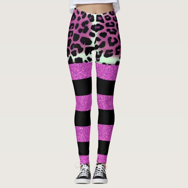 Chic Rosa Leopard & Black Rosa Glitter Rand Leggings (Framsida)
