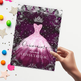 Chic rosa lila blommigt glitter gown Quinceanera Inbjudningar