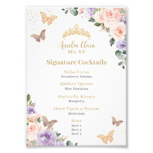 Chic Rosa Lila Blommigt Quinceanera Pub Drink Menu Fototryck