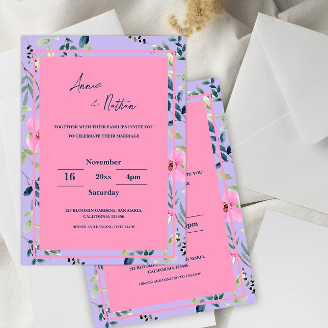 Chic Rosa Lila Blommigt  Ram bröllopsinbjudan (Chic Pink Purple Floral Frame Wedding Invitation)