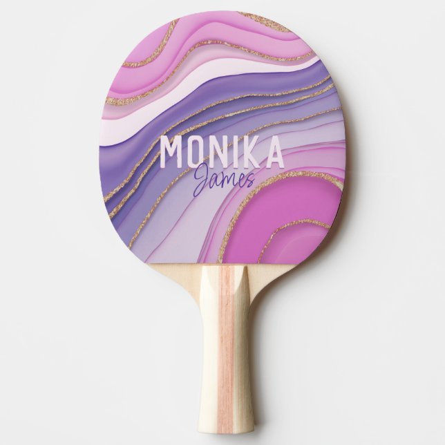 Chic Rosa Lila Faux Guld Glitter Marble Monogram Pingisracket (Framsidan)