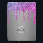 Chic Rosa Lila Glitter Gnistra Drip Monogram iPad Pro Skydd<br><div class="desc">Njut av den här eleganten med ditt namn och monogram eller en början med chic och glatt rosa,  lila och blått glitter droppar över en metallisk grått-folie i silver.</div>