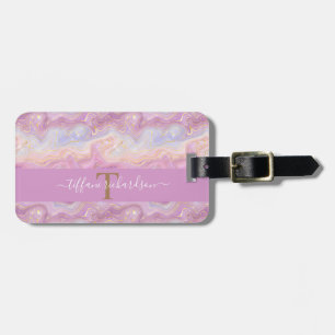 Chic Rosa Lila Guld Agate Geode Monogram Bagagebricka