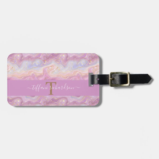 Chic Rosa Lila Guld Agate Geode Monogram Bagagebricka (Horisontell Framsida)
