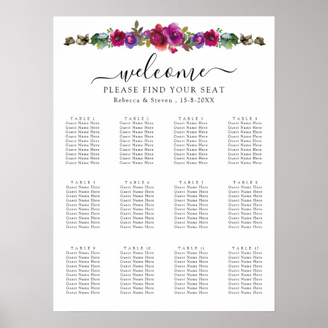 Chic rosa lila sjöfärgsdiagram bröllop poster (Framsidan)