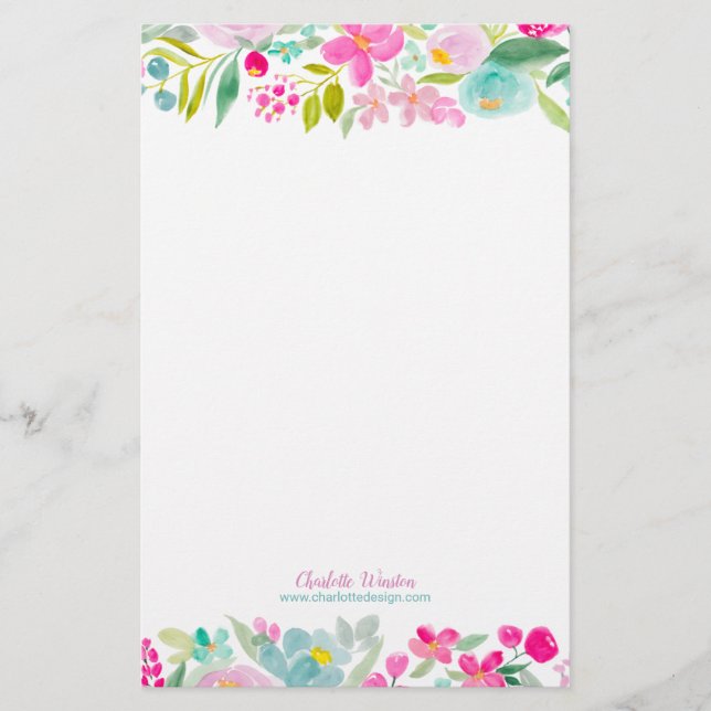 Chic rosa lila  vattenfärgsblommor i lös blommigt brevpapper (Framsida)