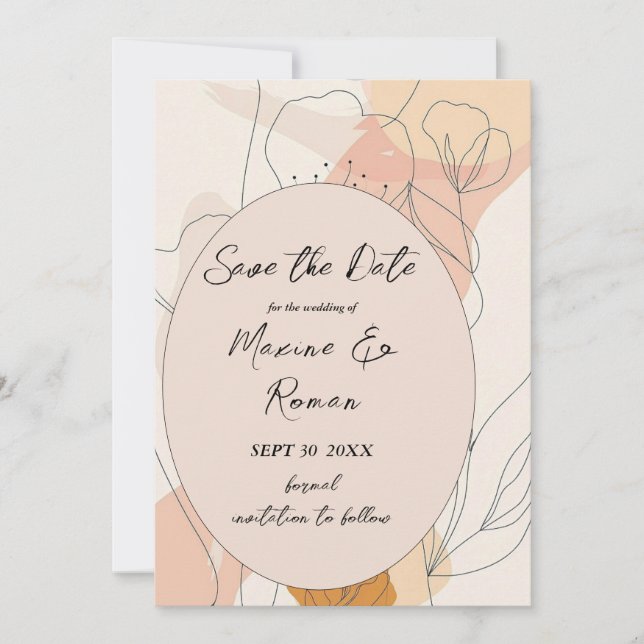 Chic, rosa med svart blomma och ram spara datumet (Framsida)