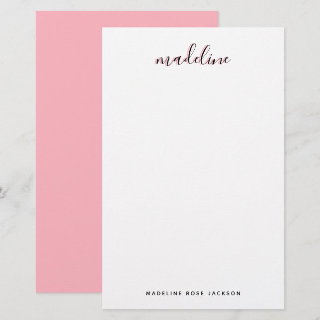 Chic  Rosa med svart kalligrafi namn Brevpapper (Fram/baksida)