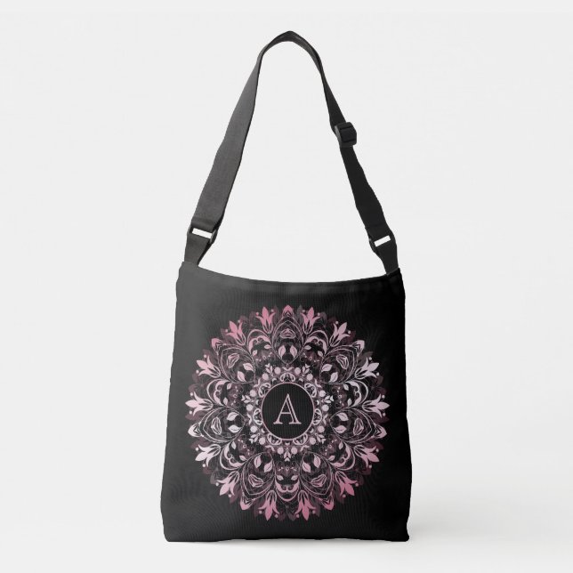 Chic Rosa Metallic Black Mandala Monogram Axelväska (Framsida)