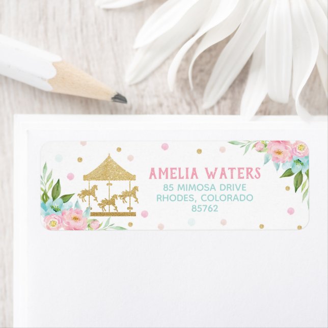 Chic Rosa Mint Blommigt Carousel Födelsedagsfest Returadress Etikett (Insitu)