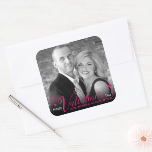 Chic Rosa Modern Script Hearests Black White Photo Fyrkantigt Klistermärke