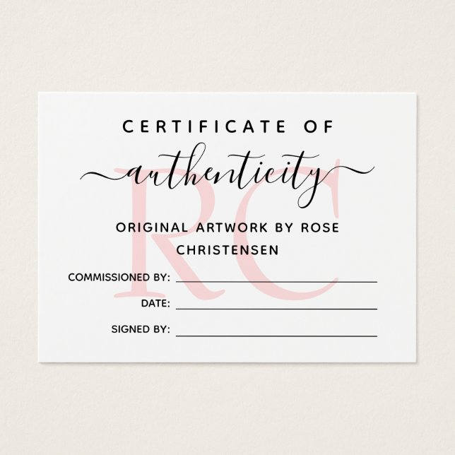 Chic Rosa Monogram Authenticity Certificate Visitkort (Framsidan)
