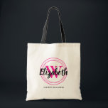 Chic rosa monogram initialt skriptnamn tygkasse<br><div class="desc">Enkel tote-väska är personlig med ditt förnamn över din första eller sista namn initial omgiven av rosa cirklar och ditt fullständiga namn nedan. Perfekt för dig själv,  för dina brudtärnor,  bokklubb eller födelsedagspresenter. FLER färger i vår butik.</div>