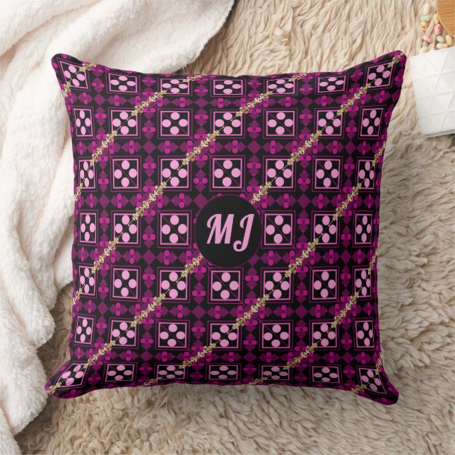 Chic Rosa Mönster Monogrammed Dekorativ kudde (Filt)