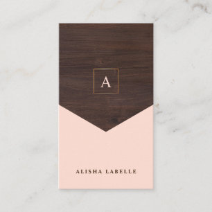 Chic Rosa, Mörk Wood & Guld Snyggt Monogram Visitkort
