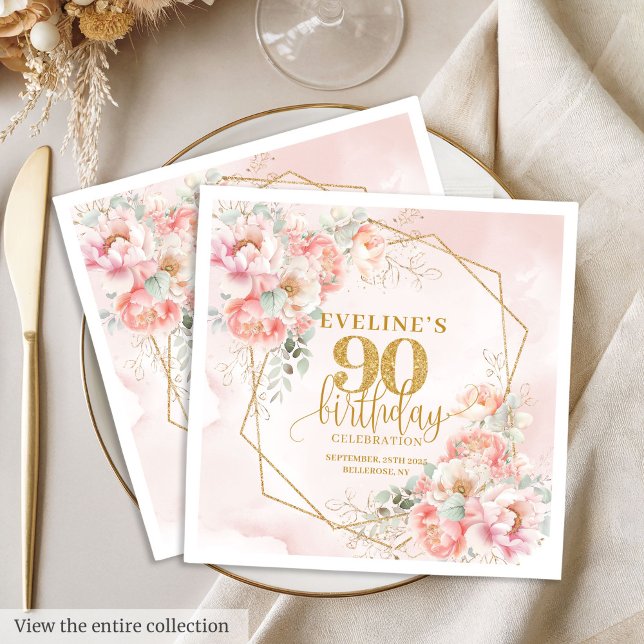 Chic  rosa och 90:e födelsedagslacka i guld pappersservett (Chic blush pink and gold 90th birthday cocktail Napkins)