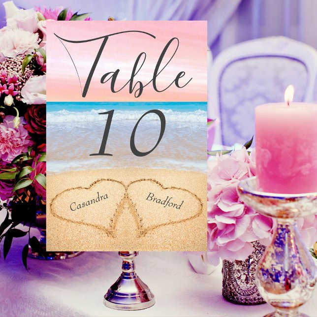 Chic  Rosa och Beach Wedding 2 Hearning i Sand Bordsnummer (Skapare uppladdad)