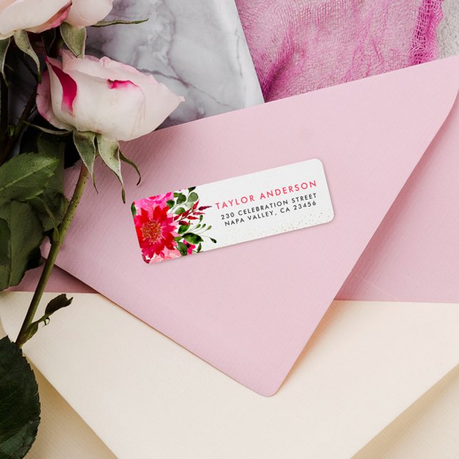 Chic Rosa och Blommigt för Returadress med röda va Etikett (Return Address Label Mock-up)