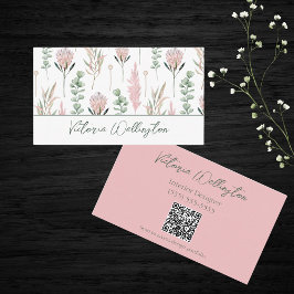 Chic Rosa och Grönt Land Blommigt QR-kod Visitkort