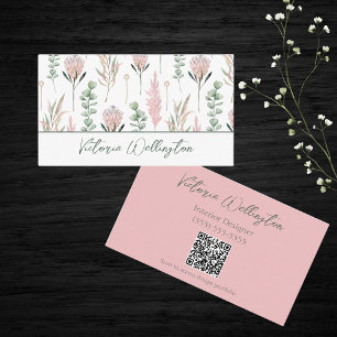 Chic Rosa och Grönt Land Blommigt QR-kod Visitkort
