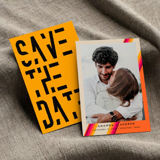 Chic Rosa och Orange 70-tals Retro Ränder Bröllop Spara Datumet (Front / Back)