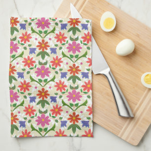 Chic Rosa och Orange Flowers, Polka dots på Ecru Kökshandduk