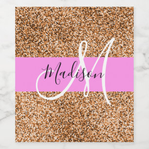 Chic Rosa och Pumpkin Glitter Sparkles Monogram Na Vinflaska Etikett
