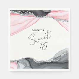 Chic Rosa och svart marmor, sötad 16 Födelsedagsfe Pappersservett