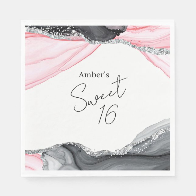 Chic Rosa och svart marmor, sötad 16 Födelsedagsfe Pappersservett (Framsidan)
