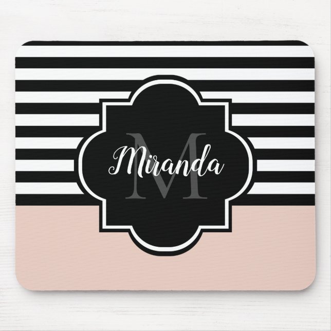Chic Rosa och svart Wide Rand Namn och Monogram Musmatta (Framsidan)