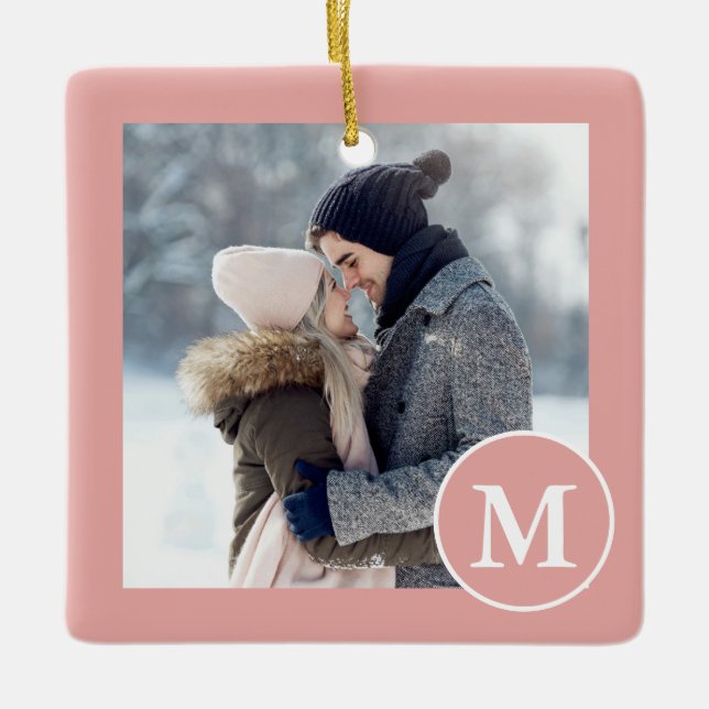 Chic Rosa och vita monogramfoto Julgransprydnad Keramik (Framsida)