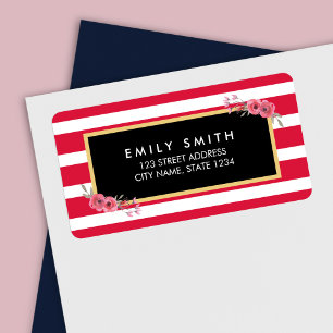 Chic Rosa och vitt Rand med Blommigt av vattenfärg Adressetikett