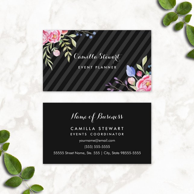 Chic Rosa Peonies Blommigt Rand händelseplanering Visitkort (Chic Pink Peonies Floral Stripes Event Planner Business Cards)