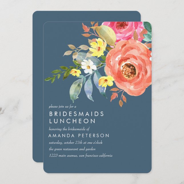 Chic Rosa Peony Bridesmaids Luncheon Blue Bröllop Inbjudningar (Fram/baksida)