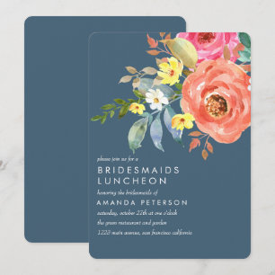 Chic Rosa Peony Bridesmaids Luncheon Blue Bröllop Inbjudningar