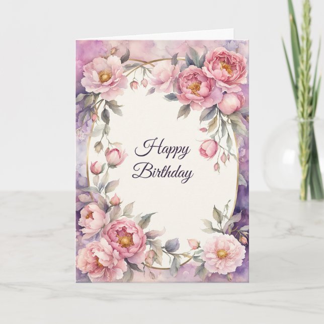 Chic Rosa Peony Oval Ram Birthday Kort (Framsida)