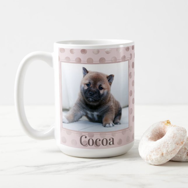 Chic Rosa Polka Dot Pet Photo Kaffemugg (Med munk)