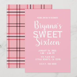 Chic rosa preppy-rutig Sweet 16-födelsedagsfest Inbjudningar