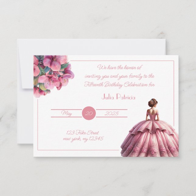 Chic Rosa Princess Quinceañera-inbjudan Inbjudningar (Framsida)